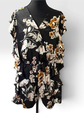 Bishop + Young Black Floral Wrap Front Ruffle Romper Size Small